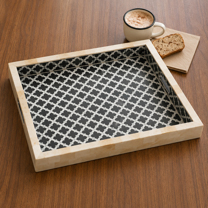 Modern Handmade Bone Inlay Square Tray with Geometric Inlay Design.