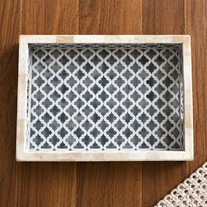 Modern Handmade Bone Inlay Square Tray with Geometric Inlay Design.