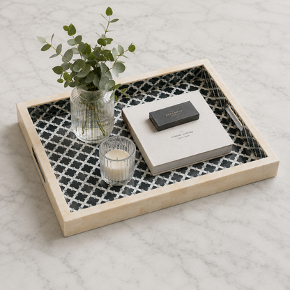 Modern Handmade Bone Inlay Square Tray with Geometric Inlay Design.