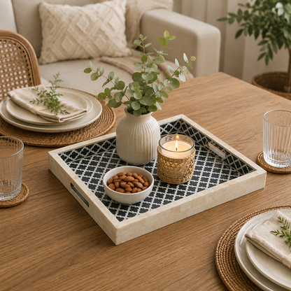 Modern Handmade Bone Inlay Square Tray with Geometric Inlay Design.