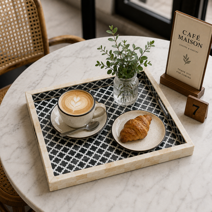 Modern Handmade Bone Inlay Square Tray with Geometric Inlay Design.