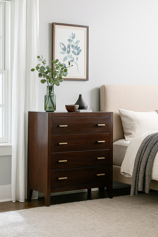 Solid wood 4-drawer walnut chest of drawers – handcrafted bedroom storage cabinet with brass handles