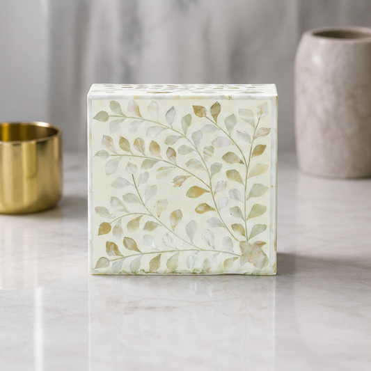 White Mother of Pearl Inlay Jewelry Box Front View on Marble Surface