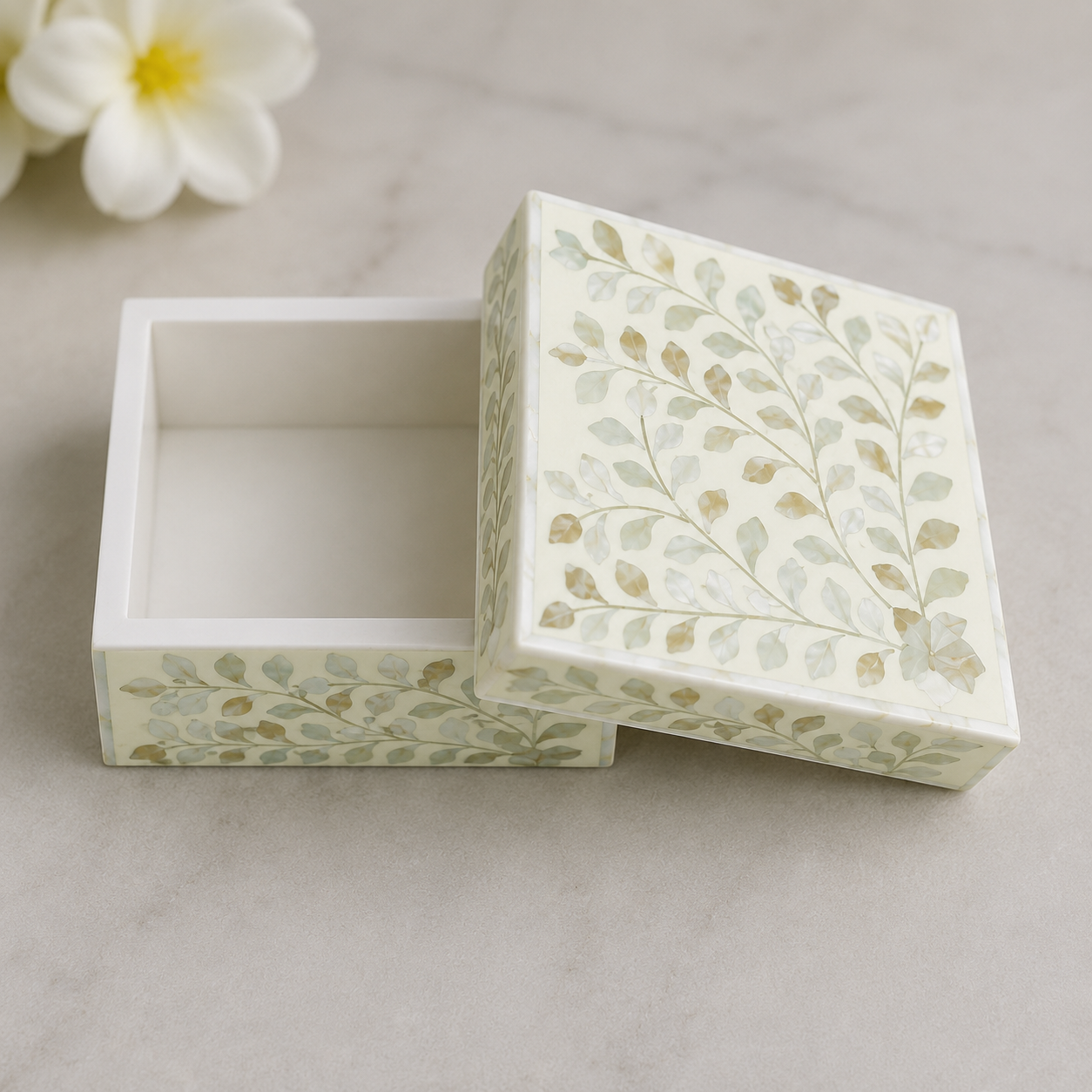 Handcrafted White Mother of Pearl Inlay Jewelry Storage Box with Floral Leaf Pattern and Lid Closed