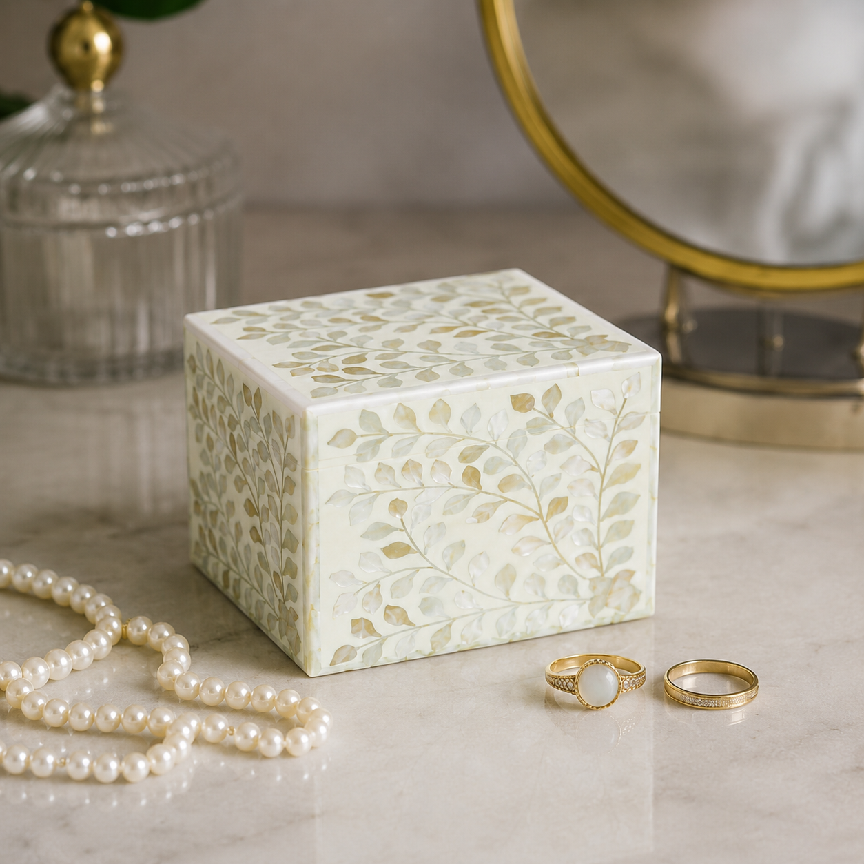 Open White Mother of Pearl Inlay Jewelry Box Showing Spacious Interior.