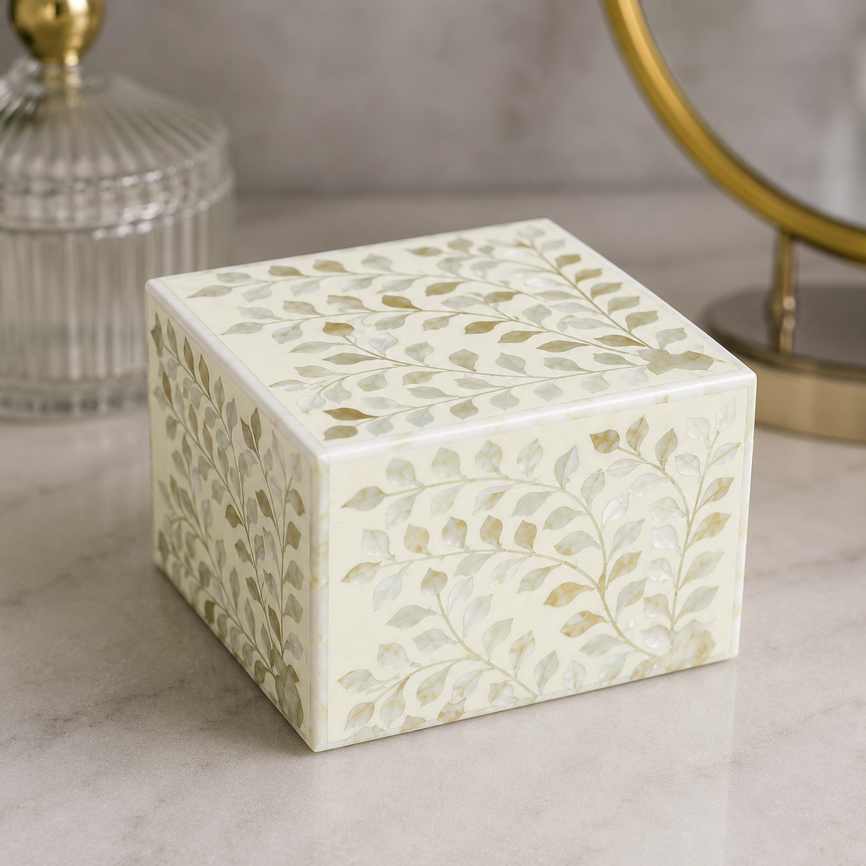 Decorative White Mother of Pearl Inlay Jewelry Box Styled with Pearl Necklace and Rings