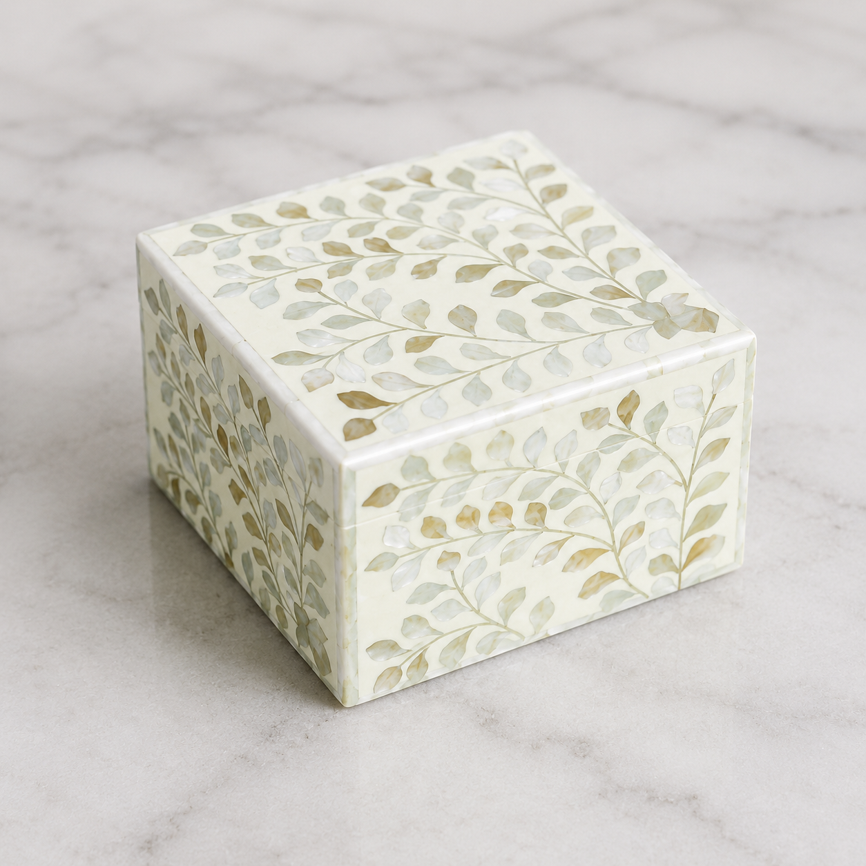 Luxury White Mother of Pearl Inlay Jewelry Box with Botanical Design on Marble Countertop