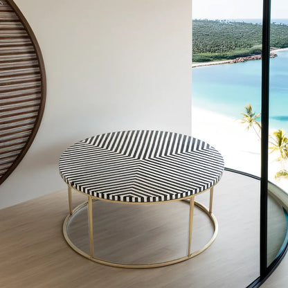 Geometric Black and White Striped Round Bone Inlay Coffee Table