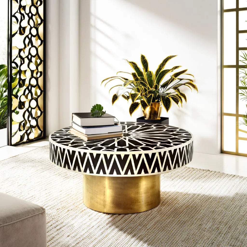 Geometric Moroccan Black Bone Inlay Coffee Table