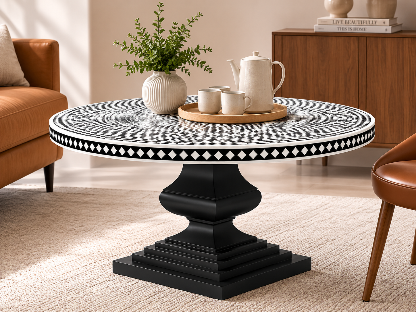 Luxury black and white bone inlay round dining table with handcrafted geometric pattern in a modern dining room.
