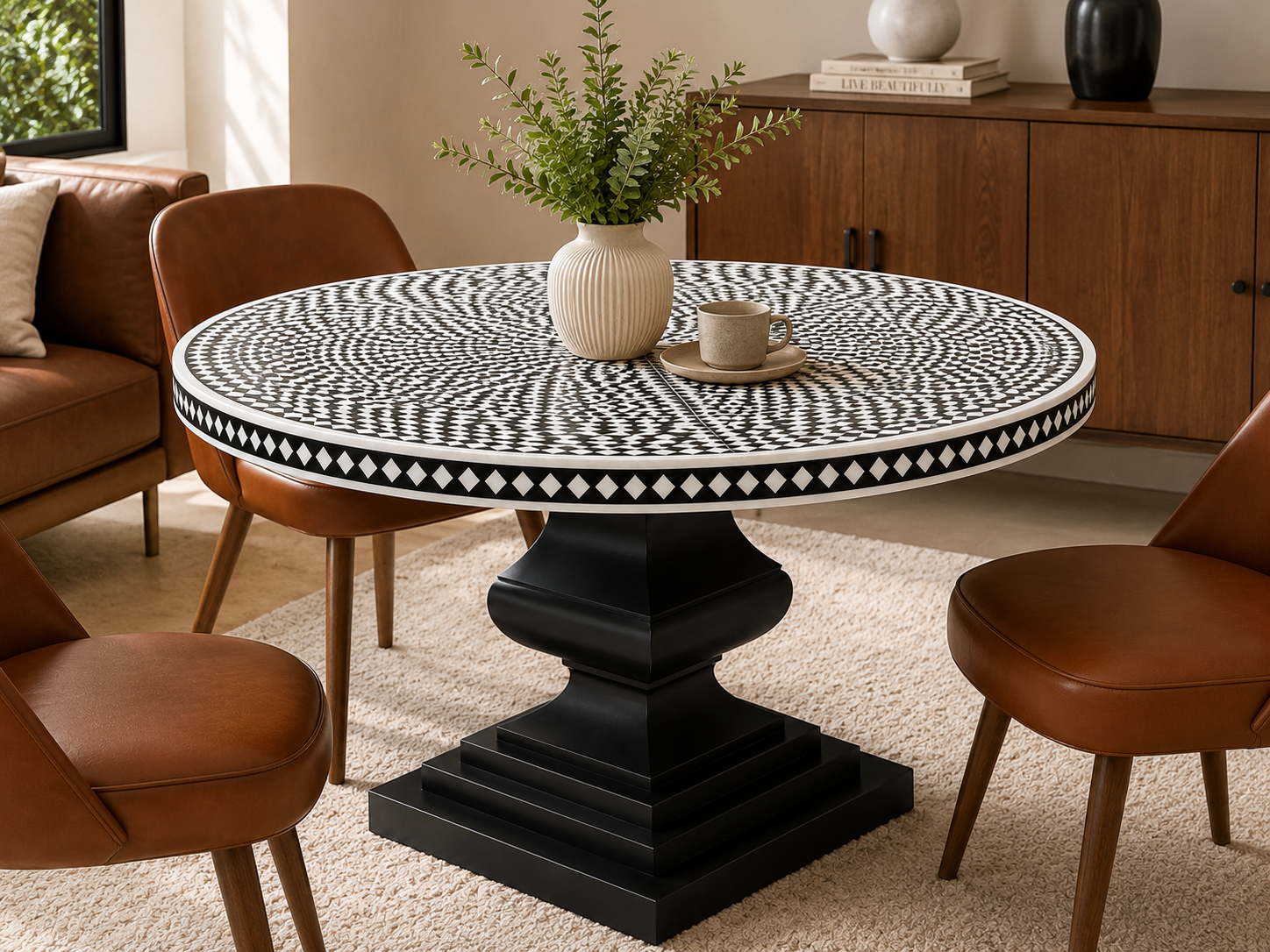 Handmade black bone inlay dining table showcasing intricate mosaic detailing and timeless modern design.