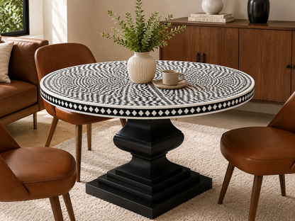 Handmade black bone inlay dining table showcasing intricate mosaic detailing and timeless modern design.