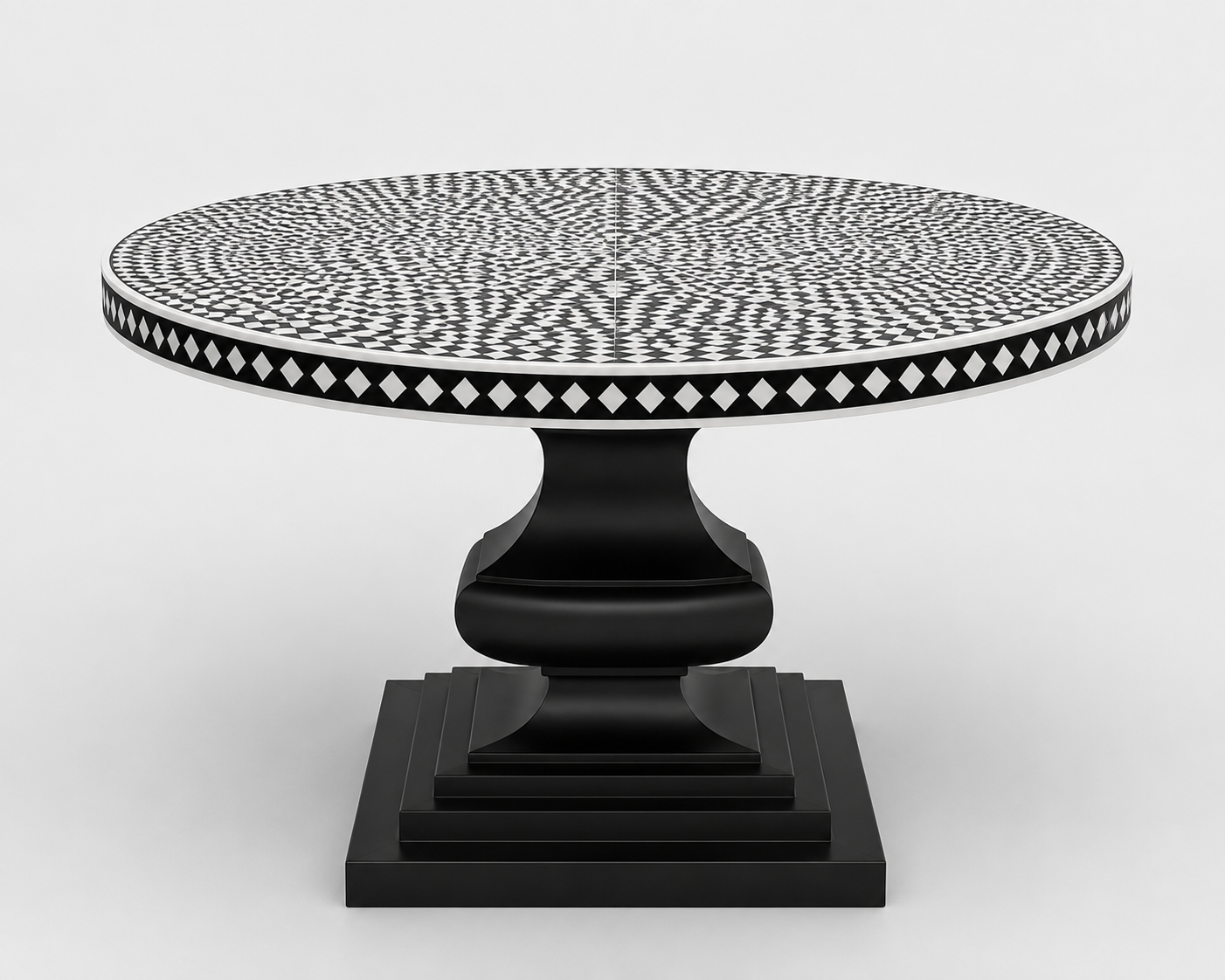 Elegant black and white bone inlay dining table featuring intricate handcrafted inlay work in a modern home.