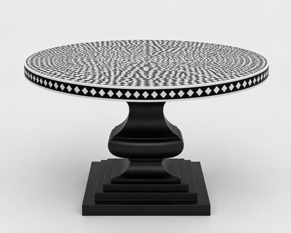 Elegant black and white bone inlay dining table featuring intricate handcrafted inlay work in a modern home.