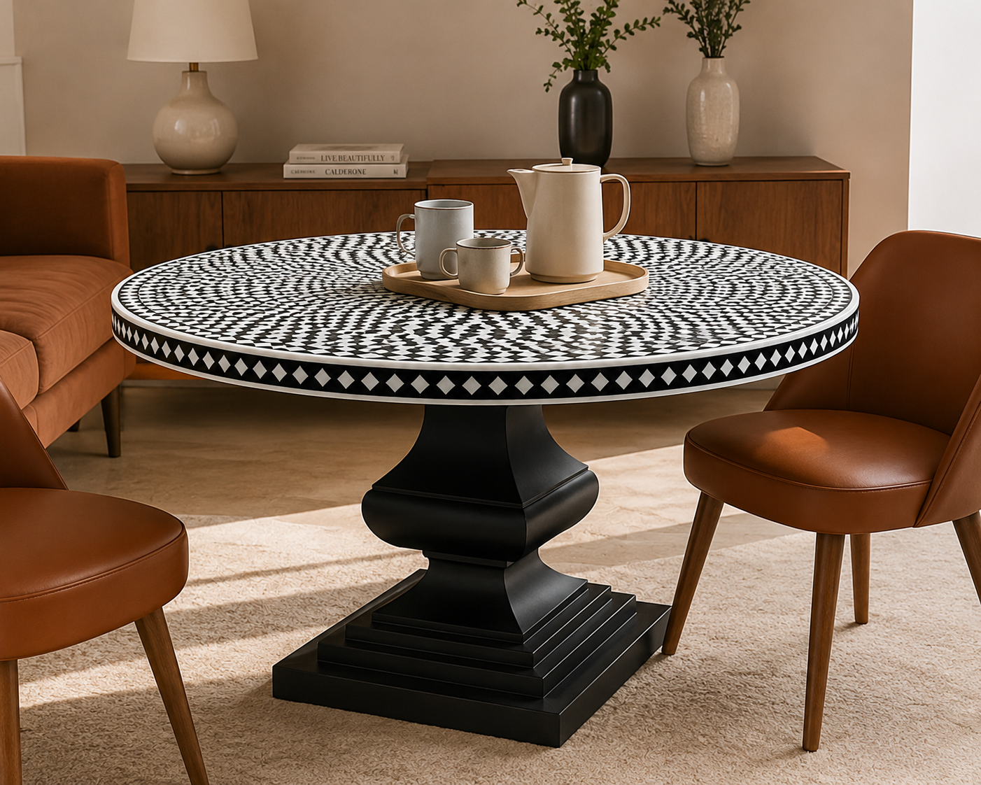 Artisan-crafted round bone inlay dining table with sculptural black base and luxury dining room decor.