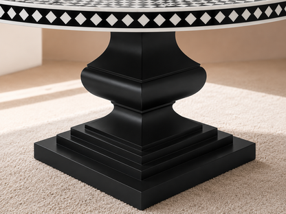 Luxury handcrafted bone inlay dining table with black and white geometric design and premium finish.