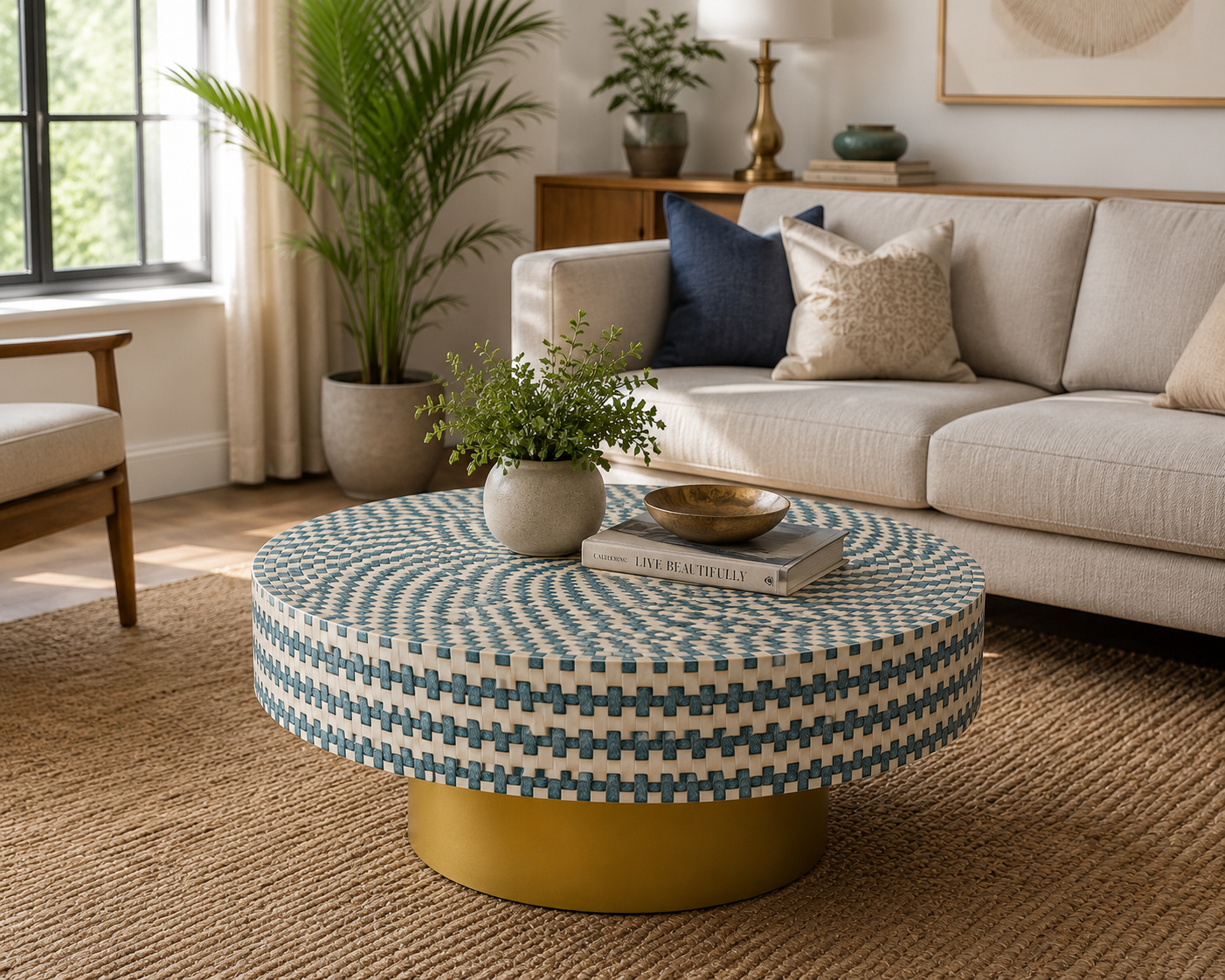 Luxury Round Bone Inlay Coffee Table with Blue Geometric Pattern in Modern Living Room