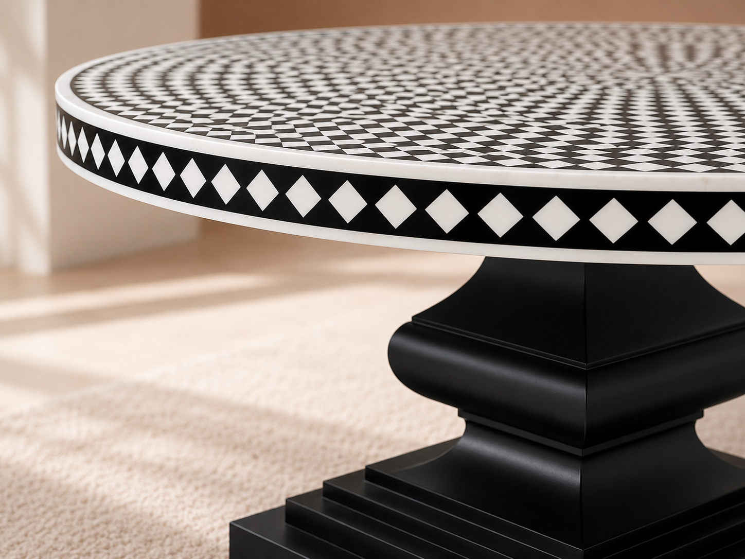Contemporary round dining table with black and white bone inlay craftsmanship in an elegant lifestyle setting.