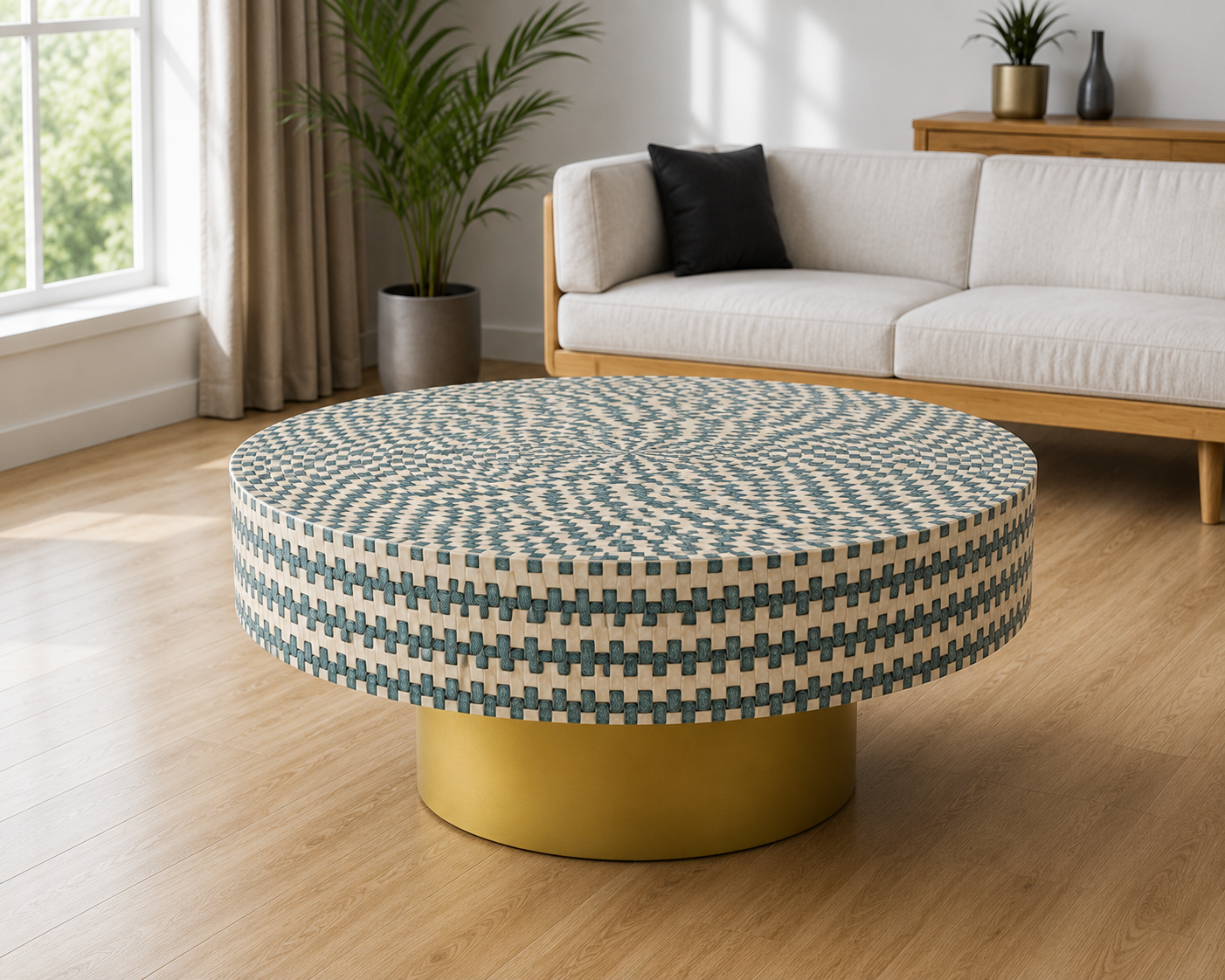 Elegant Bone Inlay Coffee Table with Blue Geometric Design in Luxury Home