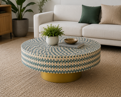 Handcrafted Blue Bone Inlay Coffee Table Styled with Modern Sofa and Decor