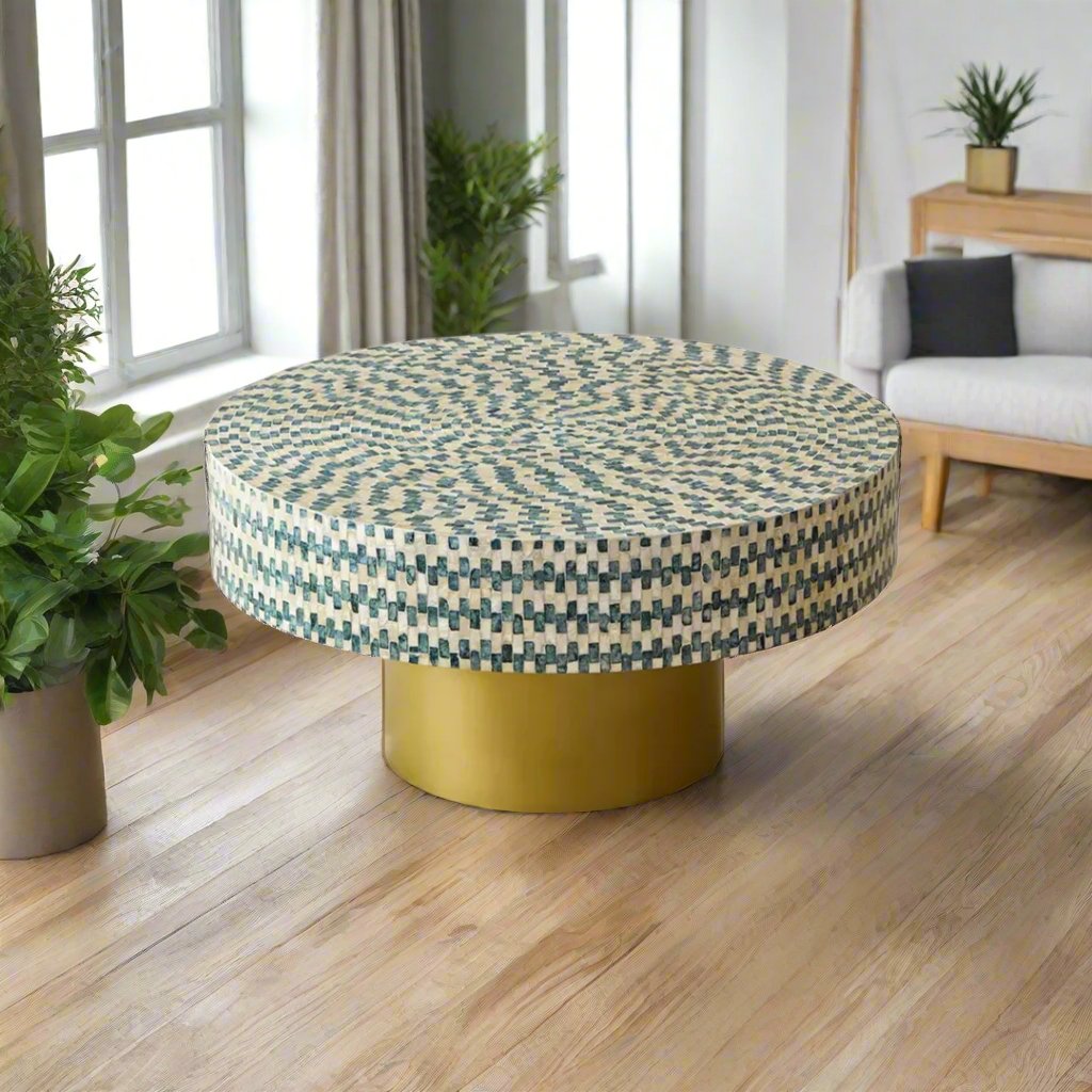 Handmade Blue Bone Inlay Round Coffee Table with Gold Base in Contemporary Home