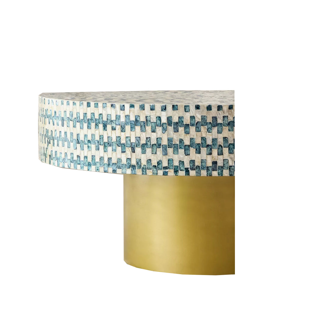 Round Bone Inlay Coffee Table with Gold Pedestal Base and Geometric Mosaic Design