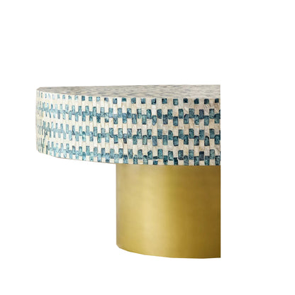 Round Bone Inlay Coffee Table with Gold Pedestal Base and Geometric Mosaic Design