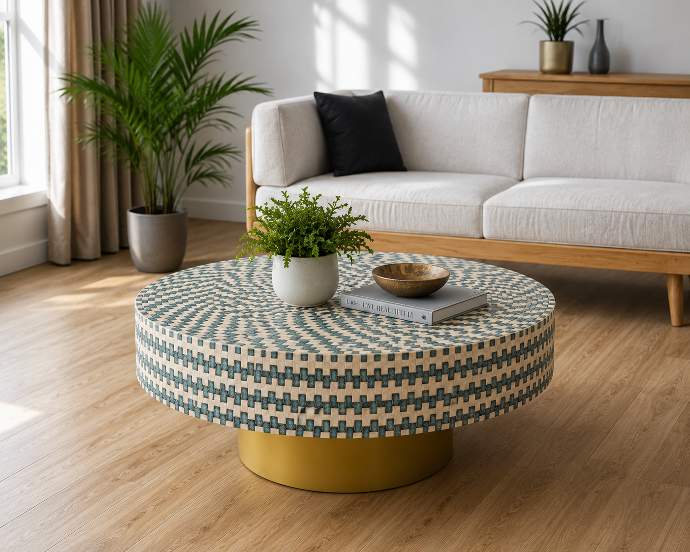 Contemporary Round Bone Inlay Center Table with Blue Pattern and Gold Base