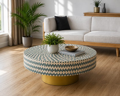 Contemporary Round Bone Inlay Center Table with Blue Pattern and Gold Base