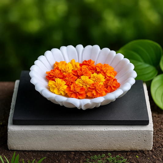 Hand-carved white marble ruffle urli bowl with wave-like edges, used for floating flowers or fruits in home décor

