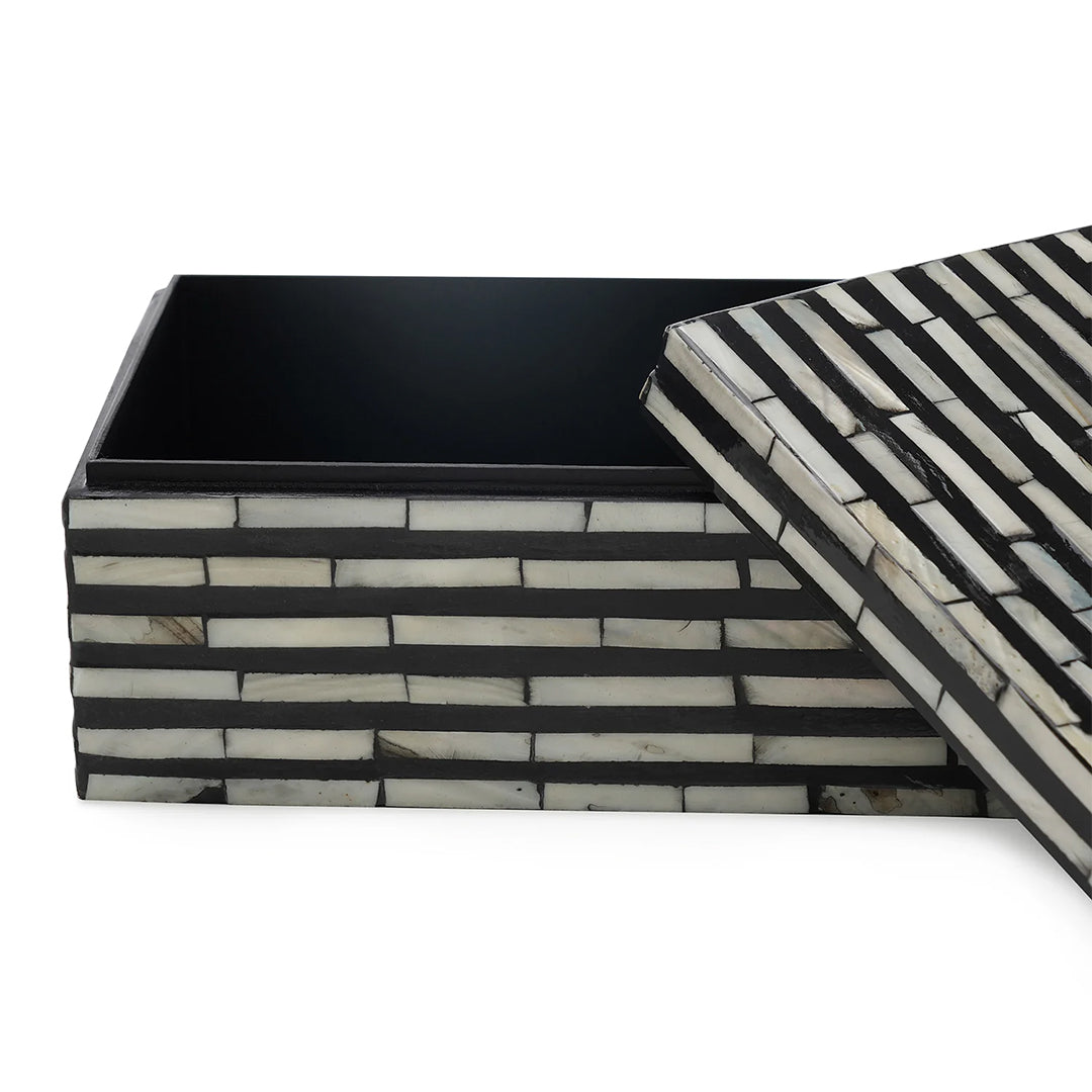 Personalized Mother of Pearl Inlay Jewelry Box with Modern Stripe Design – Luxury Handmade Keepsake Storage.
