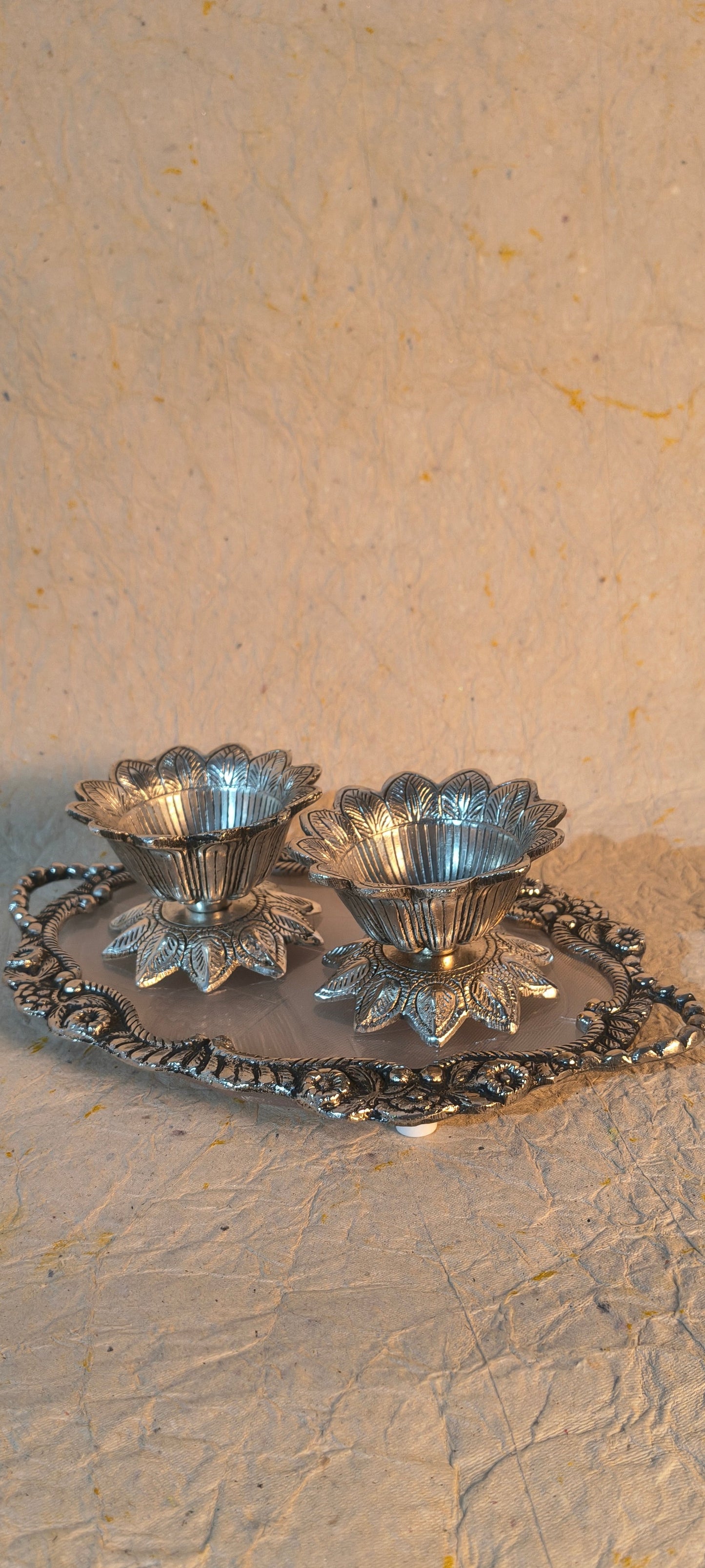 Decorative Lotus Diya Set with Matching Serving Tray for Festive Home Decor