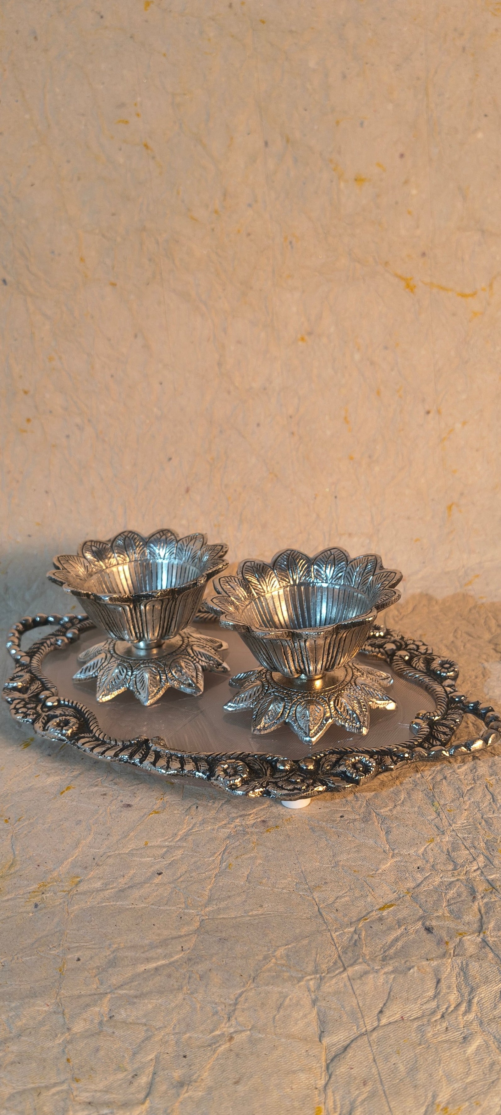 Decorative Lotus Diya Set with Matching Serving Tray for Festive Home Decor