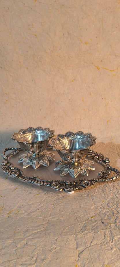 Decorative Lotus Diya Set with Matching Serving Tray for Festive Home Decor