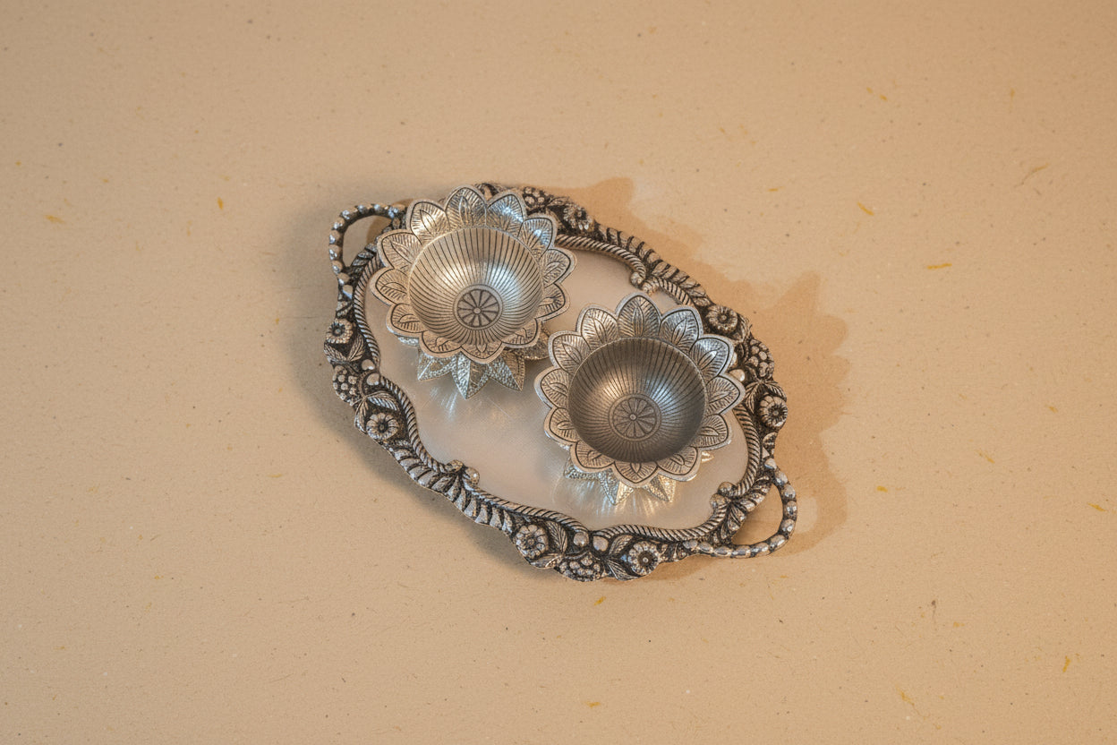 Elegant Pair of Lotus Shaped Diyas on Ornamental Tray for Diwali Celebrations