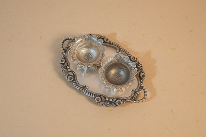 Elegant Pair of Lotus Shaped Diyas on Ornamental Tray for Diwali Celebrations