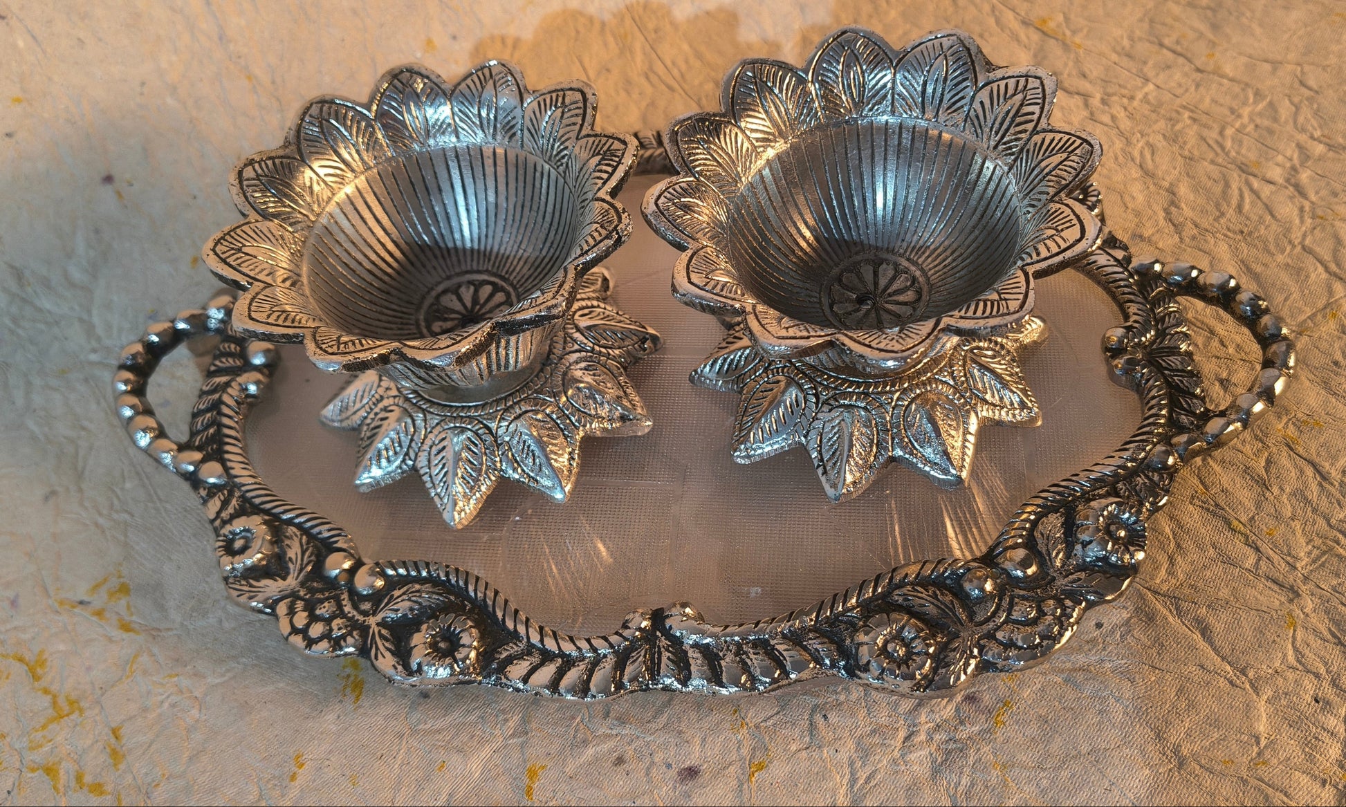 Traditional Lotus Oil Lamp Set with Decorative Tray for Pooja and Worship