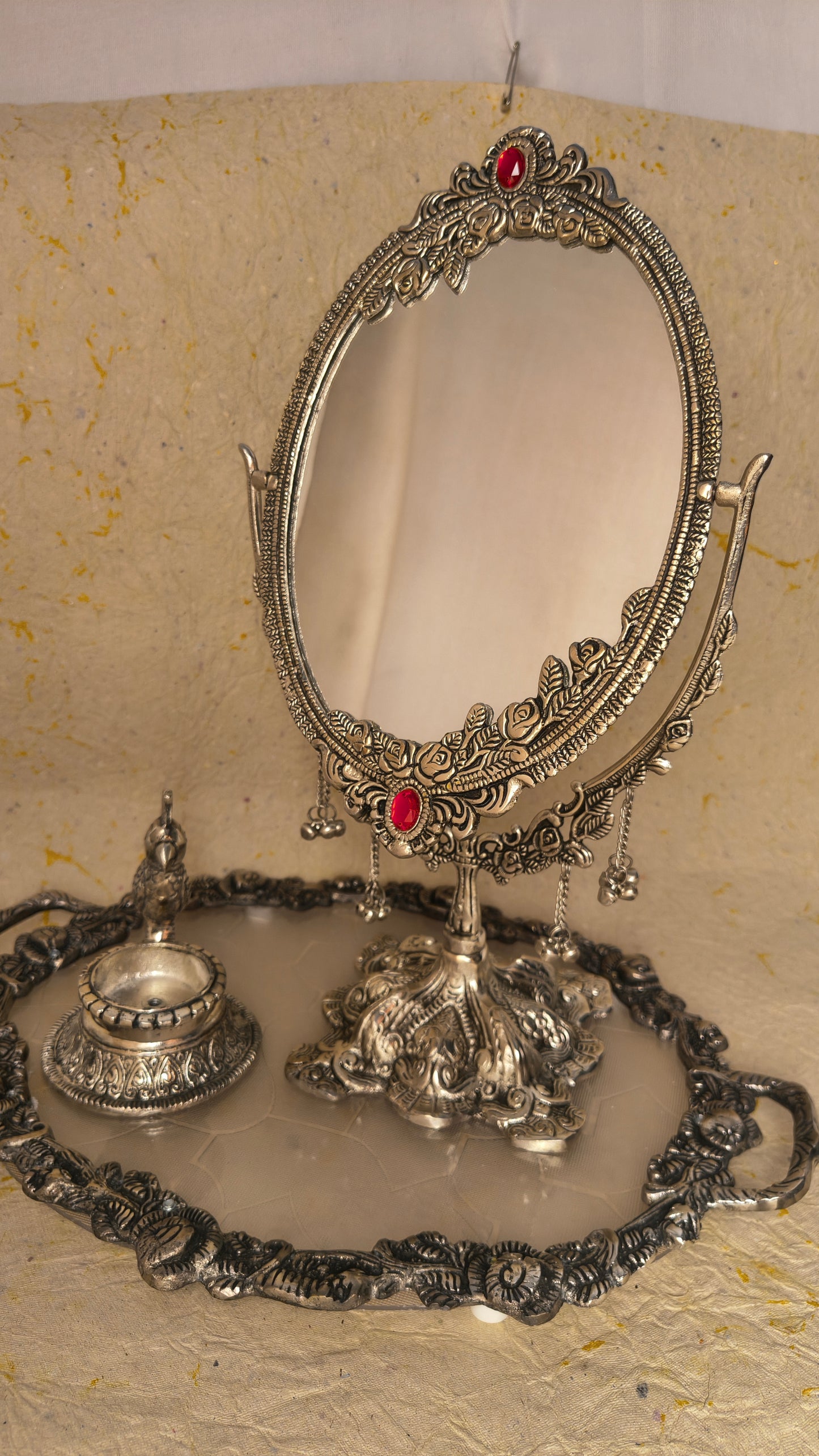 Elegant Dual-Sided Dressing Table Mirror with Vintage Floral Detailing, Red Stone Accents and Decorative Tray