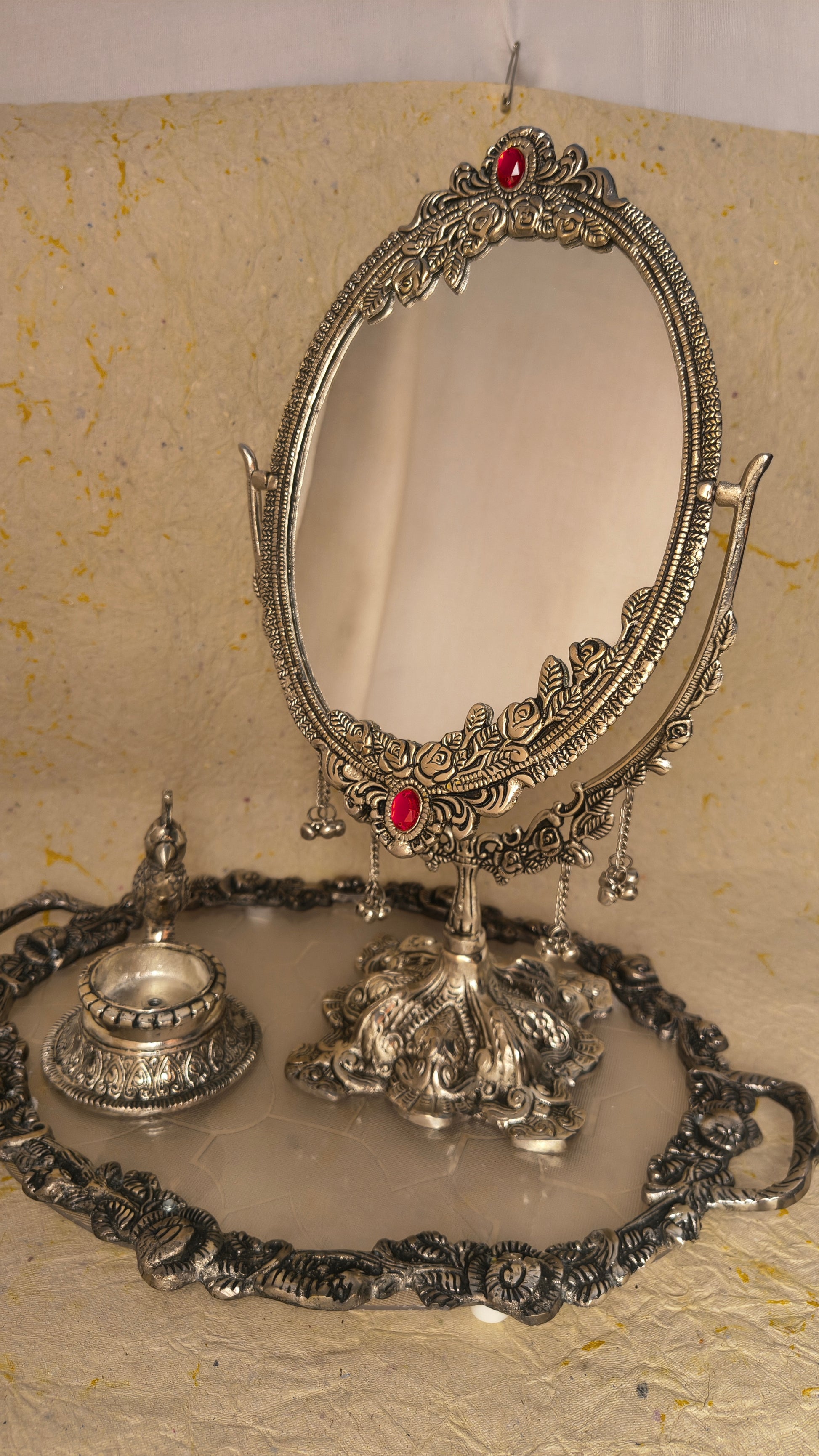 Elegant Dual-Sided Dressing Table Mirror with Vintage Floral Detailing, Red Stone Accents and Decorative Tray