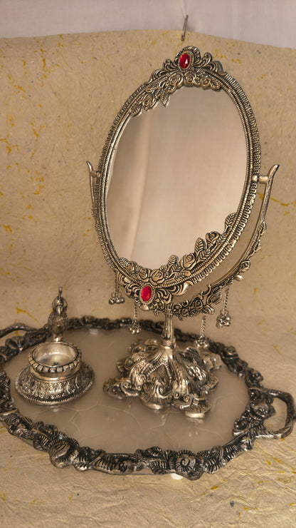 Elegant Dual-Sided Dressing Table Mirror with Vintage Floral Detailing, Red Stone Accents and Decorative Tray