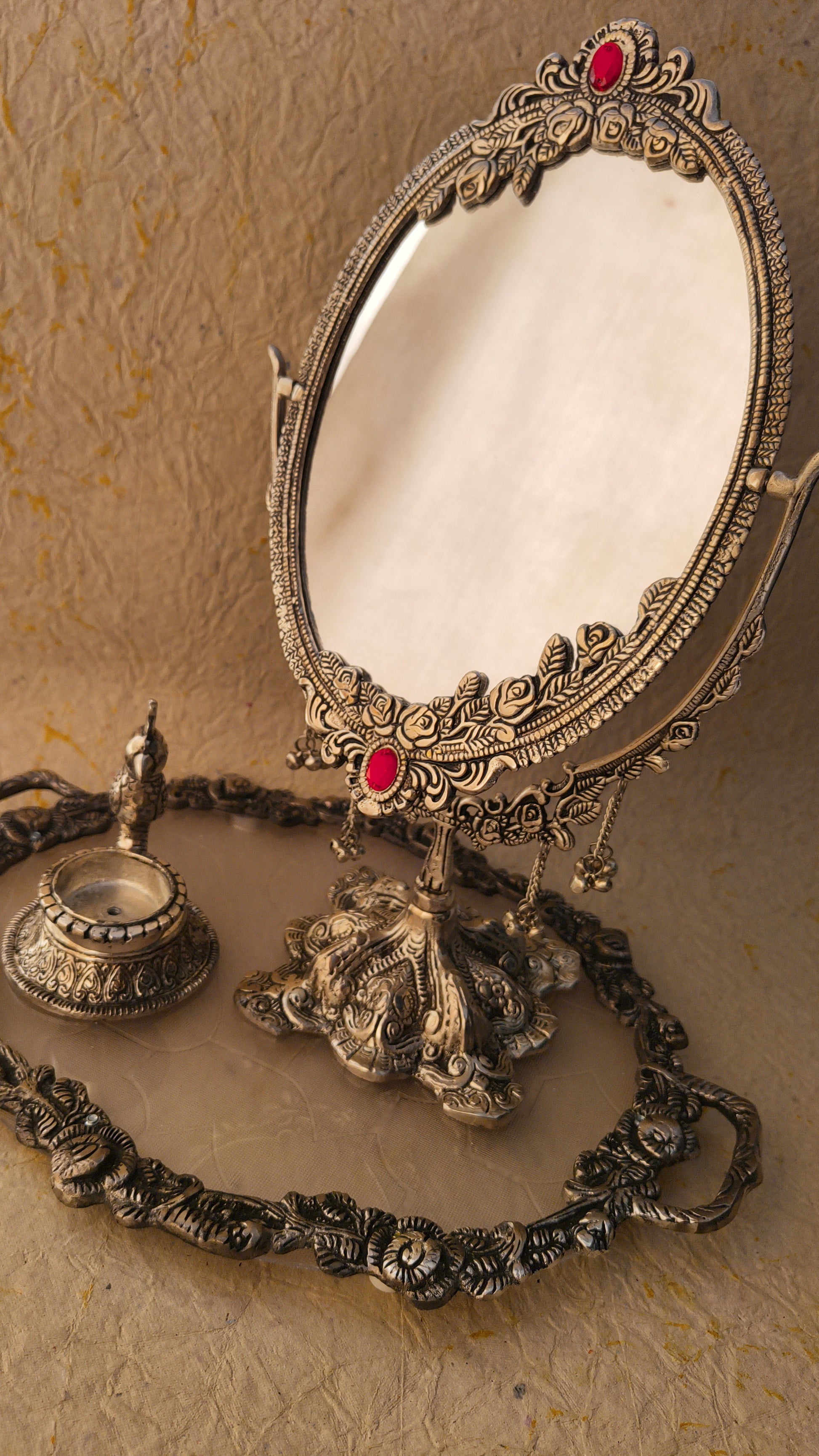 Luxury Vanity Mirror Set with Ornamental Floral Frame, Decorative Tray and Candle Holder for Home Decor