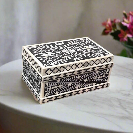 Beautiful Handmade Customized Bone Inlay Floral Pattern Black Jewelry Box