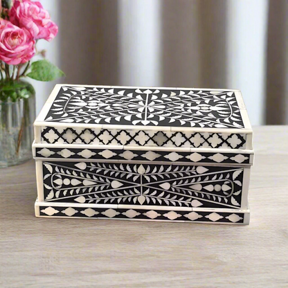 Beautiful Handmade Customized Bone Inlay Floral Pattern Black Jewelry Box