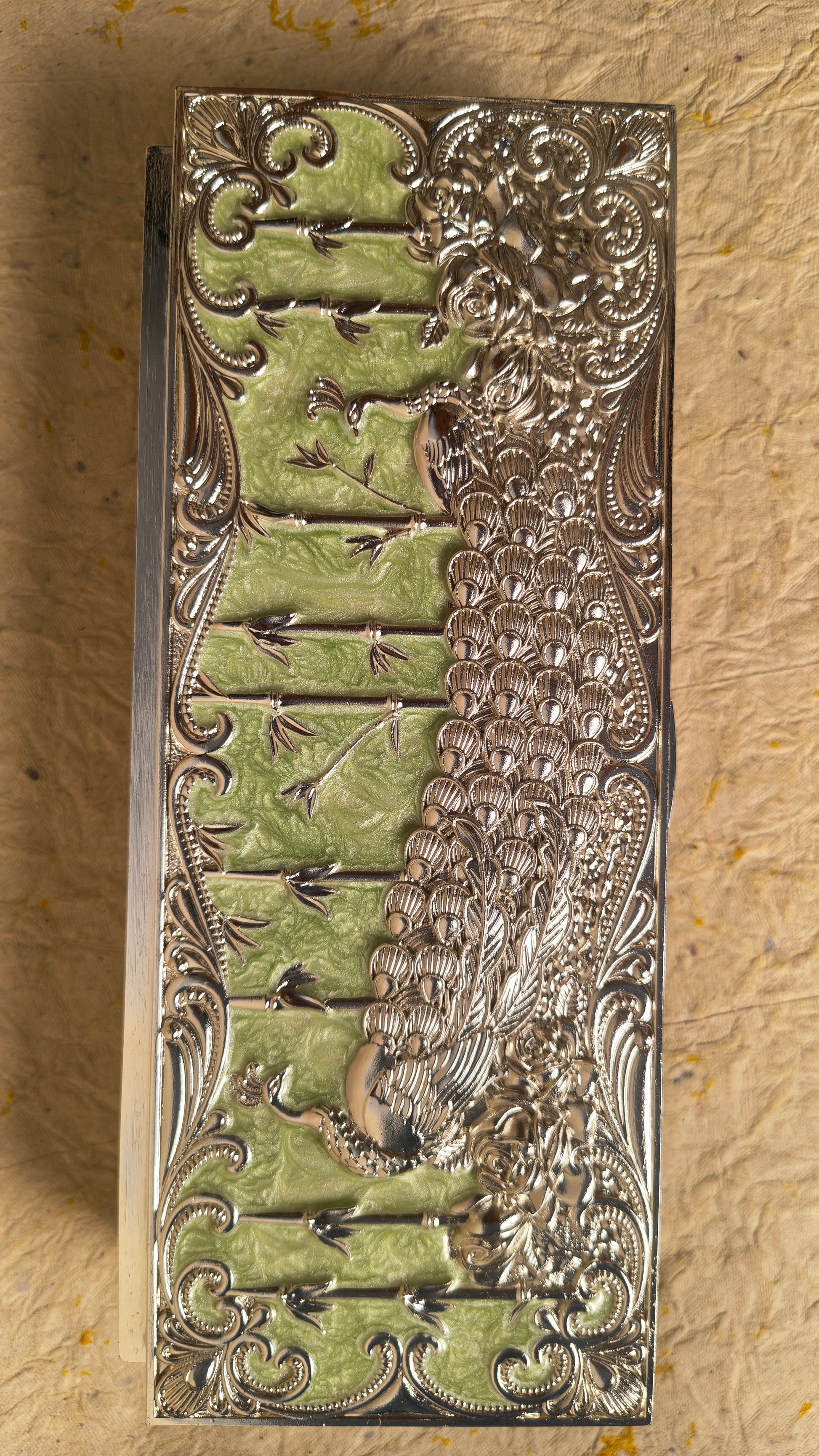 Decorative Peacock Design Wooden Tissue Box Cover with Silver Finish and Green Enamel Detailing