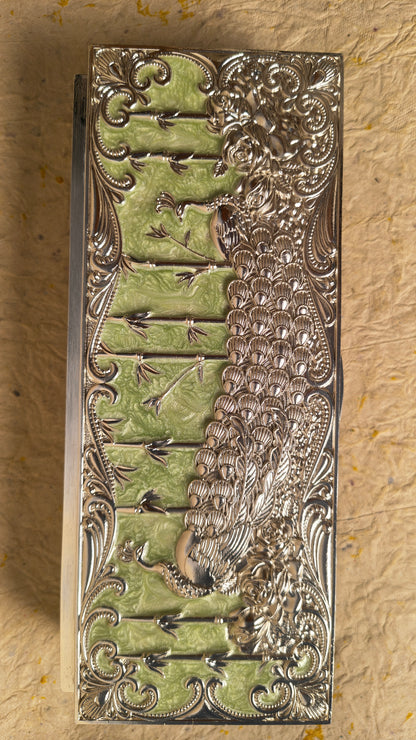 Decorative Peacock Design Wooden Tissue Box Cover with Silver Finish and Green Enamel Detailing