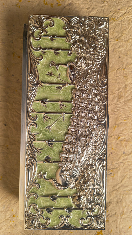 Decorative Peacock Design Wooden Tissue Box Cover with Silver Finish and Green Enamel Detailing