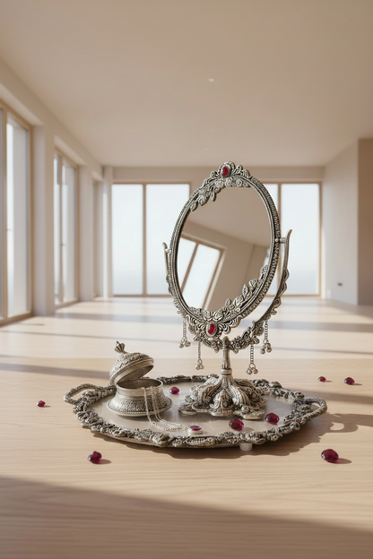 Decorative Dual-Sided Makeup Mirror with Antique Silver Finish, Floral Border Design and Matching Vanity Tray