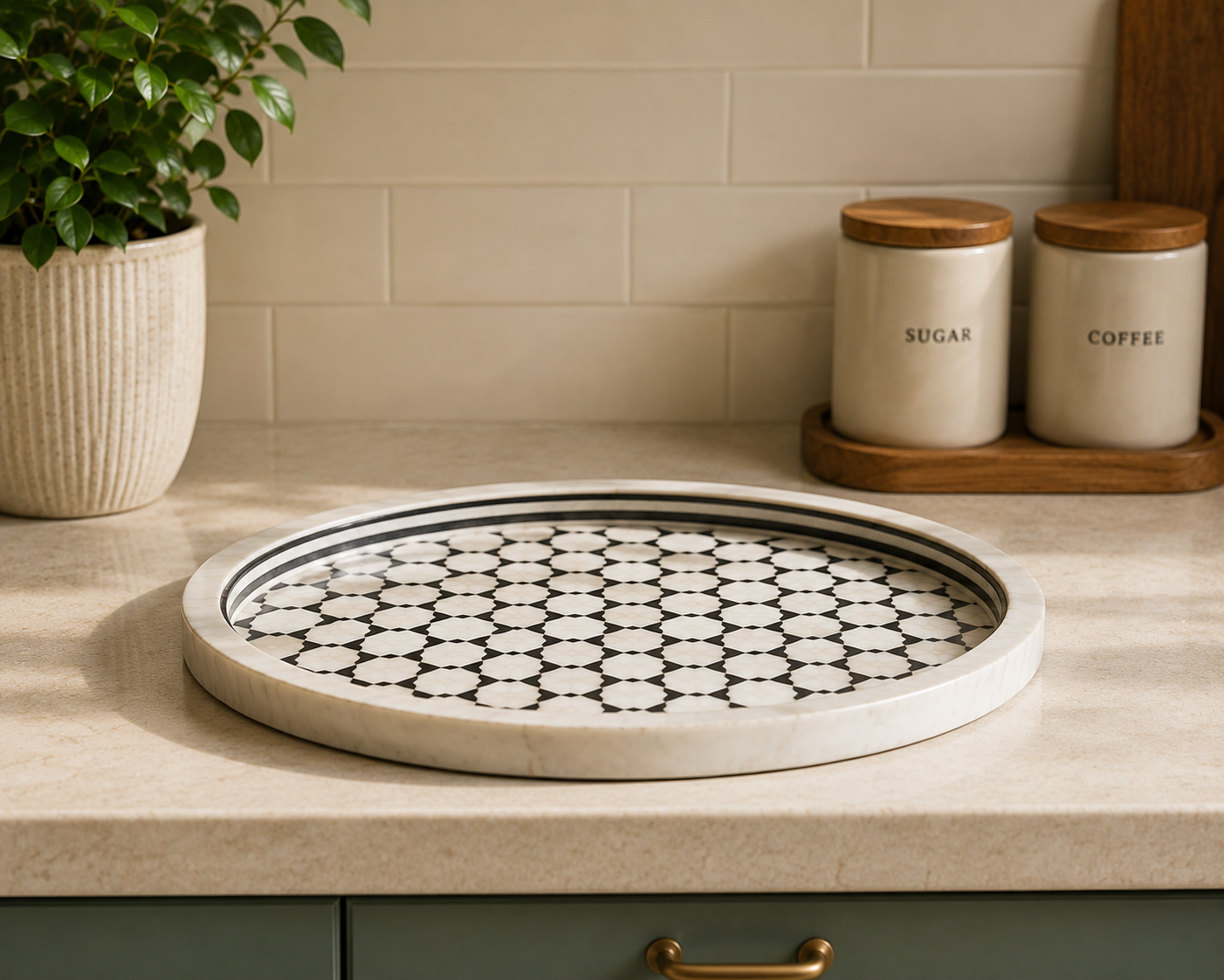 Luxury Handmade Bone Inlay Round Serving Tray for Home Decor & Kitchen Styling