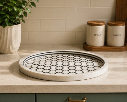 Luxury Handmade Bone Inlay Round Serving Tray for Home Decor & Kitchen Styling