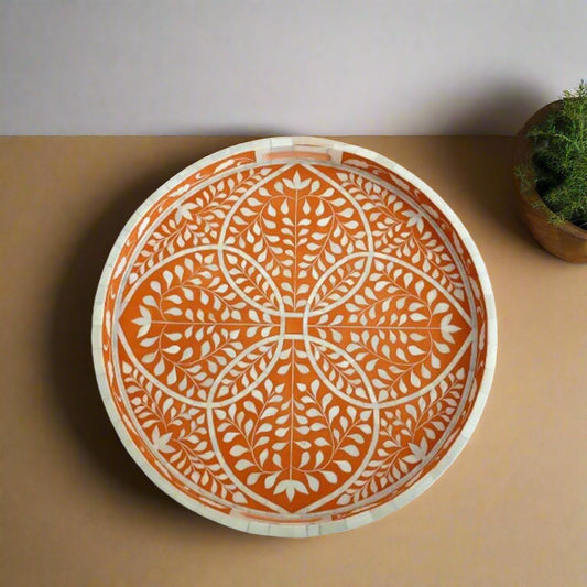 Bone Inlay Floral Pattern Orange Round Serving Tray